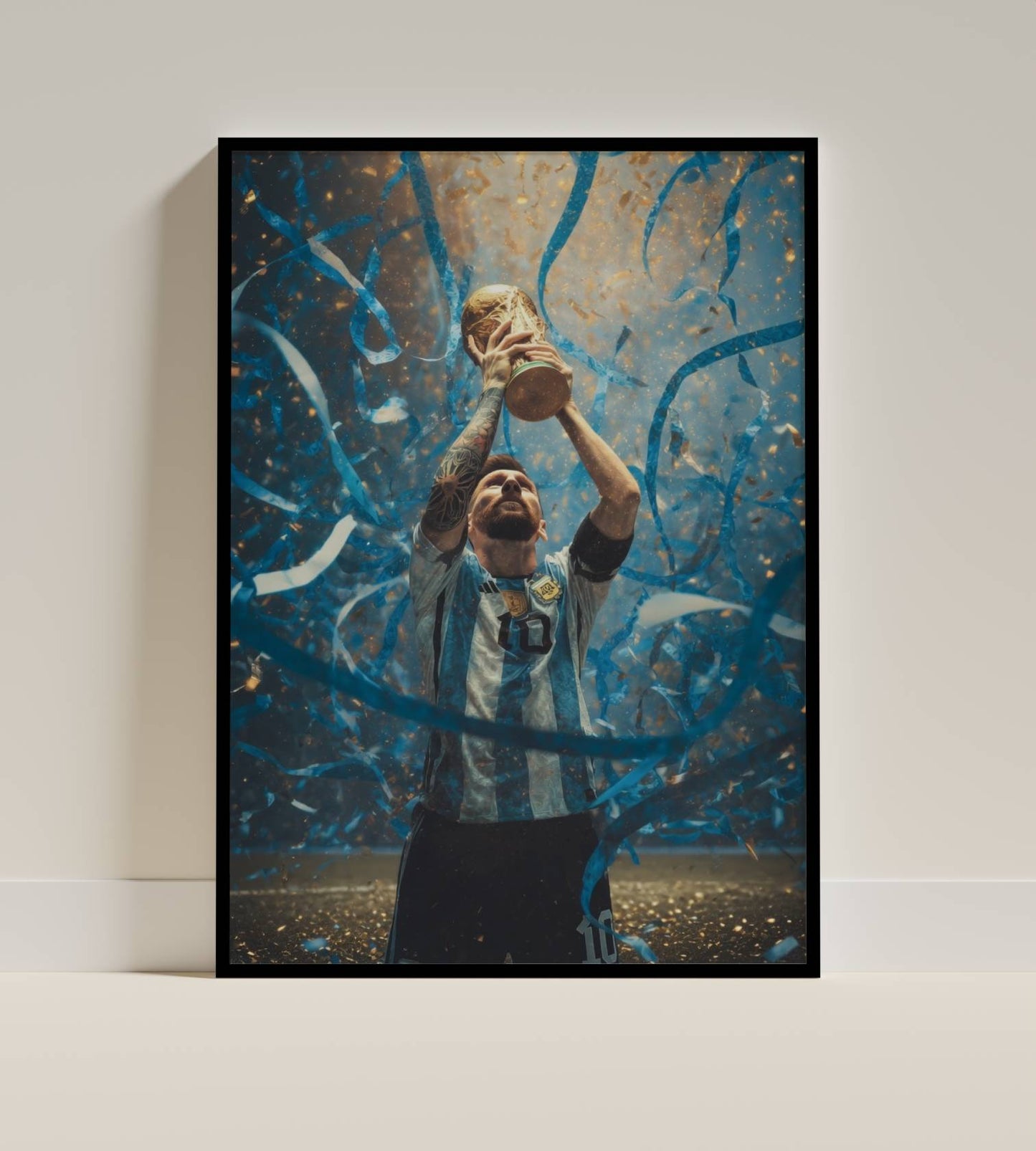 Messi FIFA World Cup Trophy Celebration Art Print | Argentina Football Wall Poster