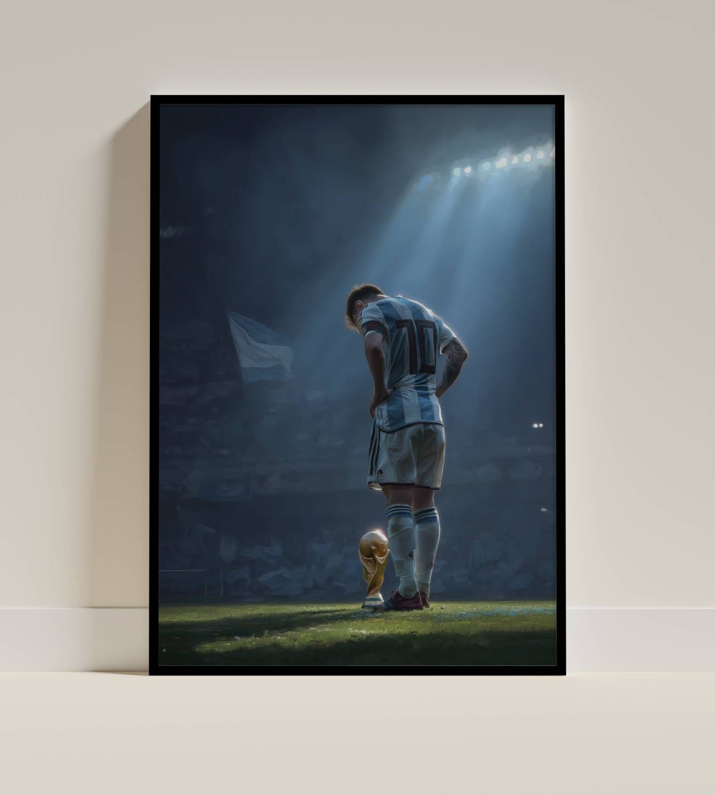 Messi World Cup Trophy Stadium Spotlight Art Print | Argentina Football Wall Poster