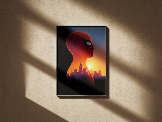 Spider-Man Silhouette Sunset City Skyline Art Print | Superhero Wall Poster