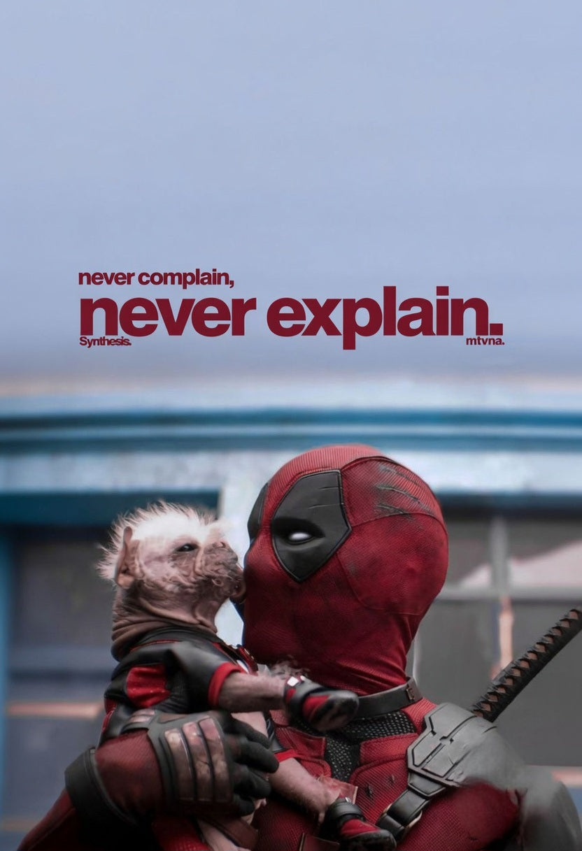 Deadpool with Dog "Never Complain Never Explain" Poster | Superhero Wall Art Print