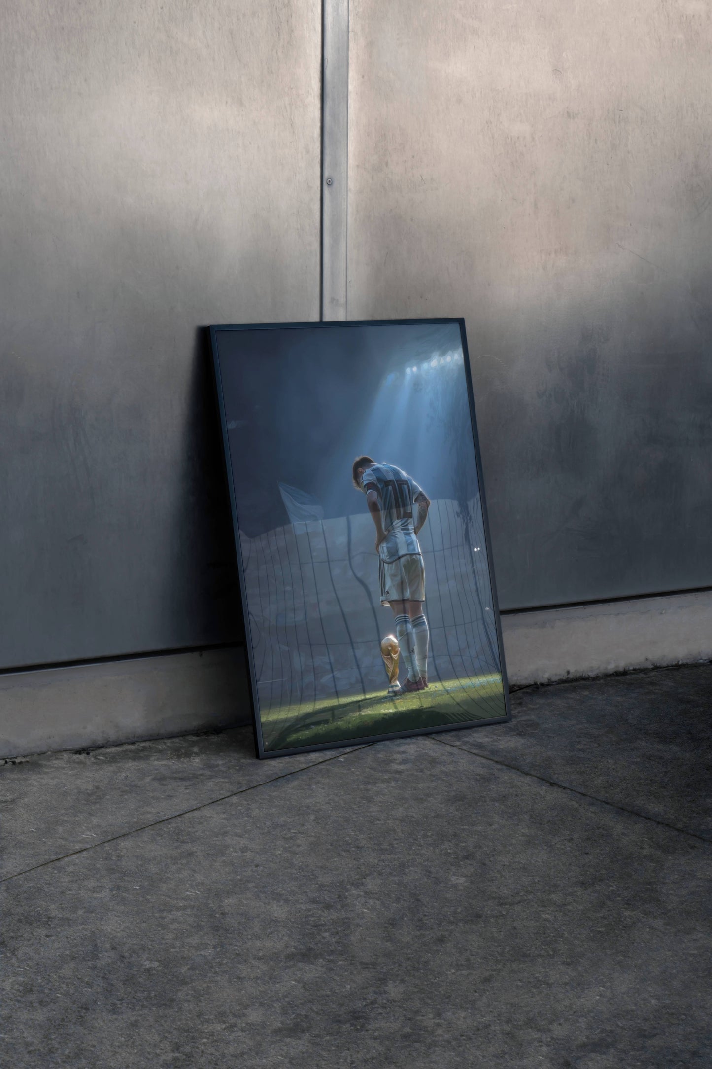 Messi World Cup Trophy Stadium Spotlight Art Print | Argentina Football Wall Poster