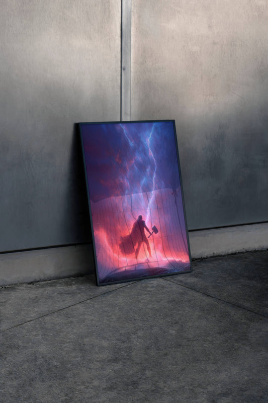 Thor Hammer Lightning Silhouette Art Print | Superhero Wall Poster
