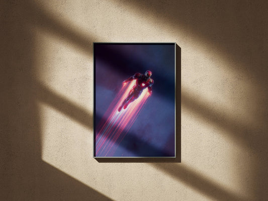 Iron Man Flying Repulsor Trails Neon Art Print | Marvel Wall Poster