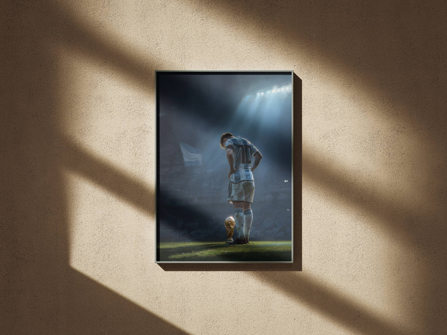 Messi World Cup Trophy Stadium Spotlight Art Print | Argentina Football Wall Poster