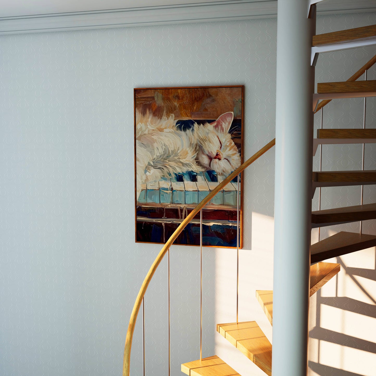 Peaceful Sleeping White Cat Oil Painting Frame