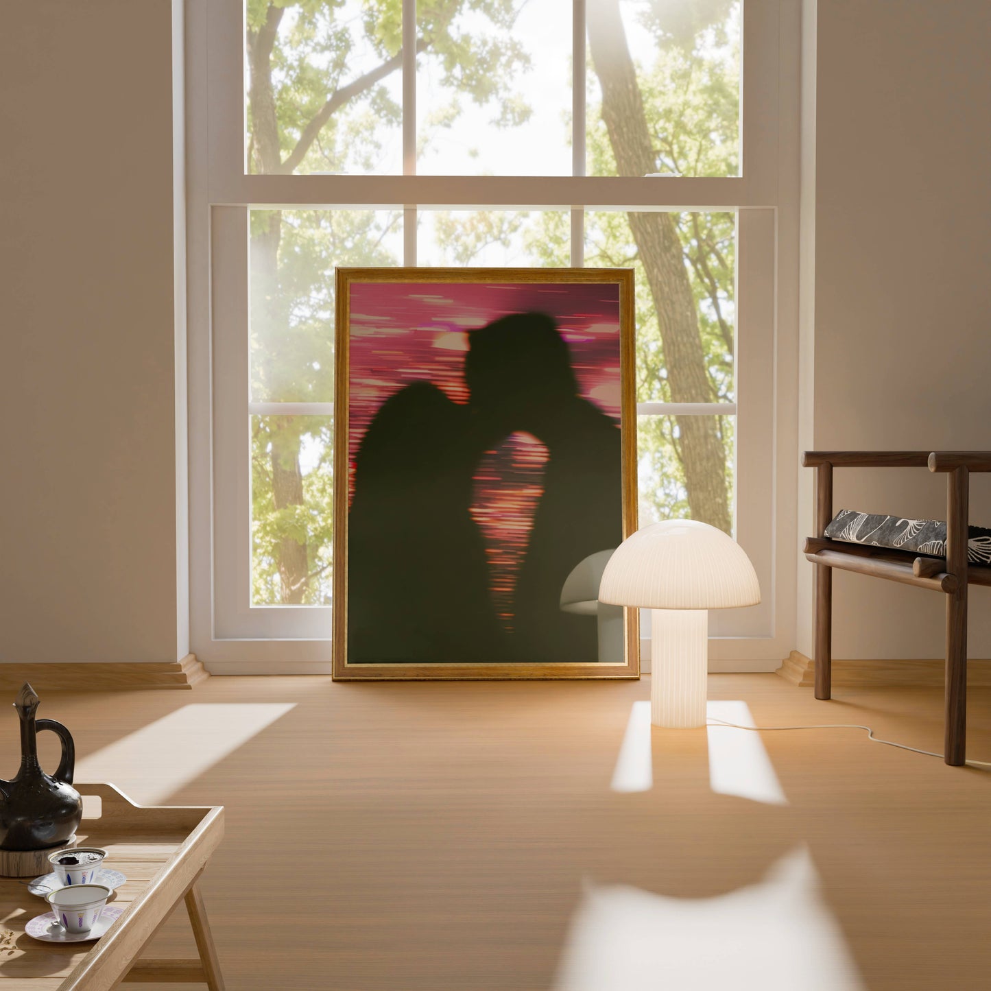 Romantic Sunset Silhouette Couple Lakeside Art Frame