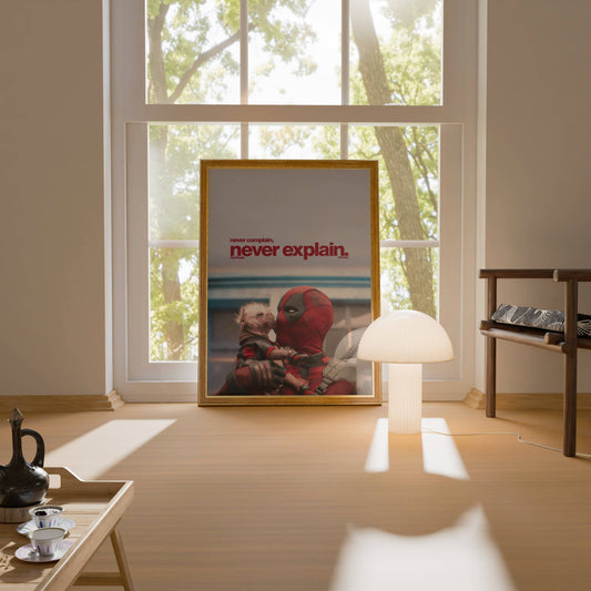 Deadpool with Dog "Never Complain Never Explain" Poster | Superhero Wall Art Print