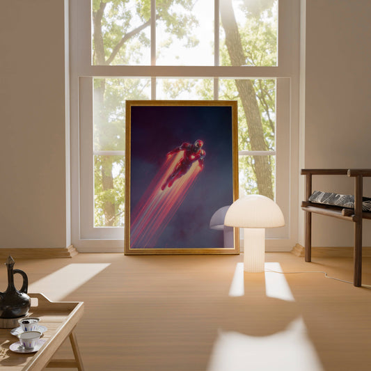 Iron Man Flying Repulsor Trails Neon Art Print | Marvel Wall Poster