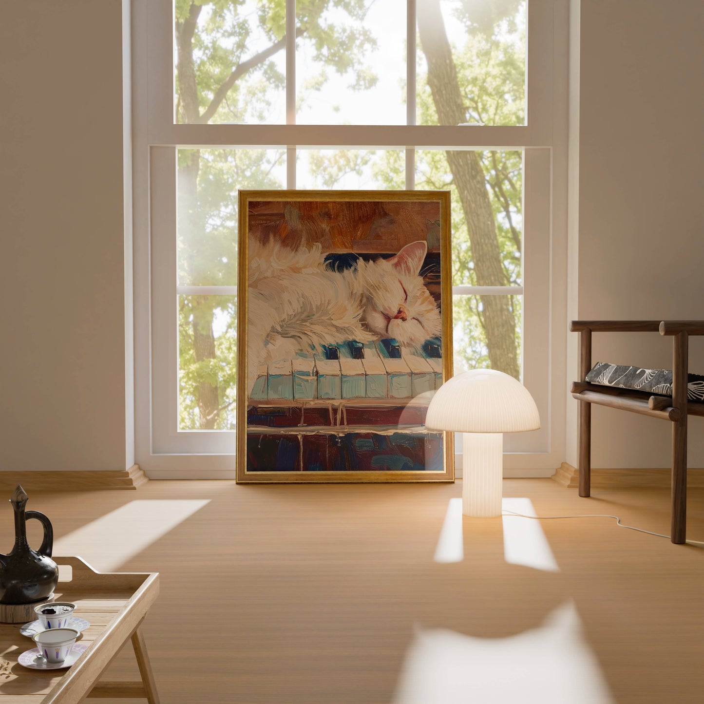 Peaceful Sleeping White Cat Oil Painting Frame