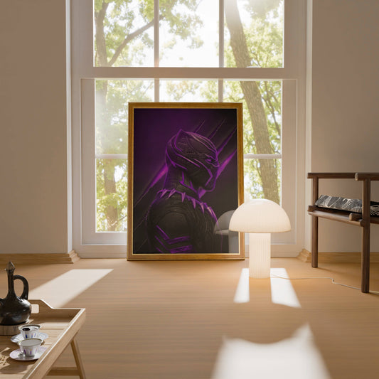 Black Panther Mask Close-Up Purple Neon Art Print | Superhero Wall Poster