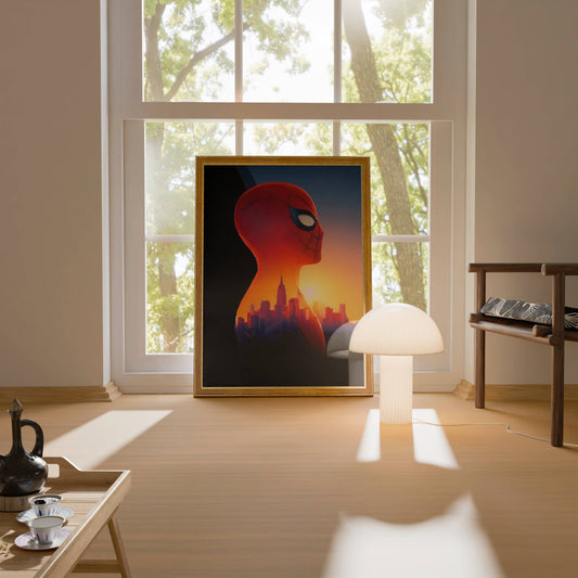 Spider-Man Silhouette Sunset City Skyline Art Print | Superhero Wall Poster