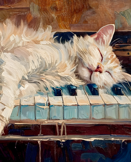 Peaceful Sleeping White Cat Oil Painting Frame