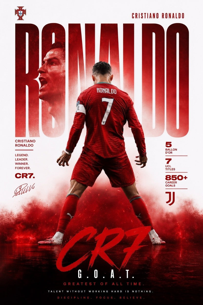 Ronaldo CR7 GOAT Back View Stats Art Print | Football Wall Poster