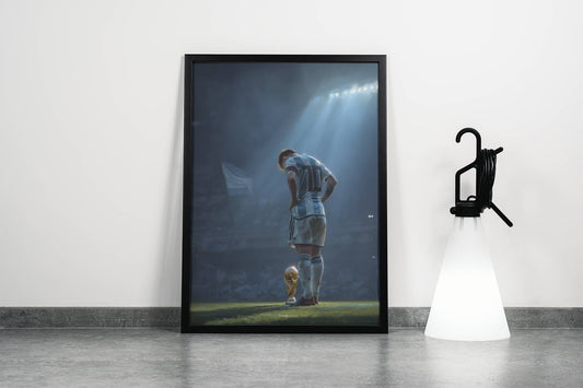 Messi World Cup Trophy Stadium Spotlight Art Print | Argentina Football Wall Poster